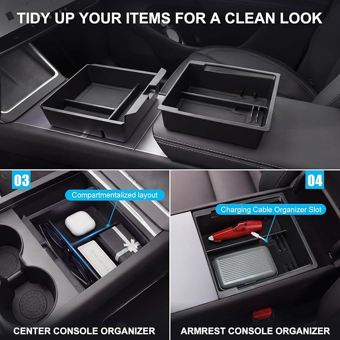 BBTO 8 Pcs Center Console Organizer Compatible with Tesla Model Y Juniper 2025 2026 Accessories Double Layer Center Console Tray Hidden Storage Box Charging Pad Cupholder Interior Storage Accessories