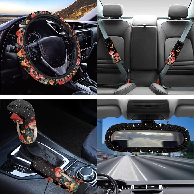 Universal Fit Mushroom Seat Covers for Car,Butterfly Flowers Wild Mushroom Car Coaster/15Inch Steering Wheel Cover/Seatbelt Pads/Keychain/Mirror Cover/Gear Shift Knob Handbreak Pads Accessory