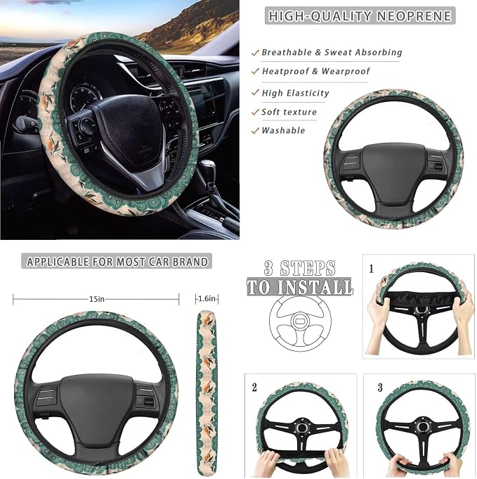 Suobstales Boho Mandala Turtle Print Car Seat Covers Full Set for Women Girly Seat Cover Protector Auto Decorative with Steering Wheel Cover +Seat Belt Covers +Coasters +Keychains