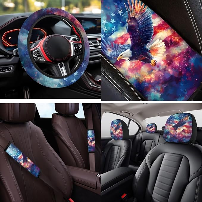 Bulopur American Flag Bald Eagle Auto Seat Covers with Matching Automotive Armrest Cover Center Console Cushion Car Seat Belt Shoulder Strap Covers Keychain Vehicle Interior Decor Set