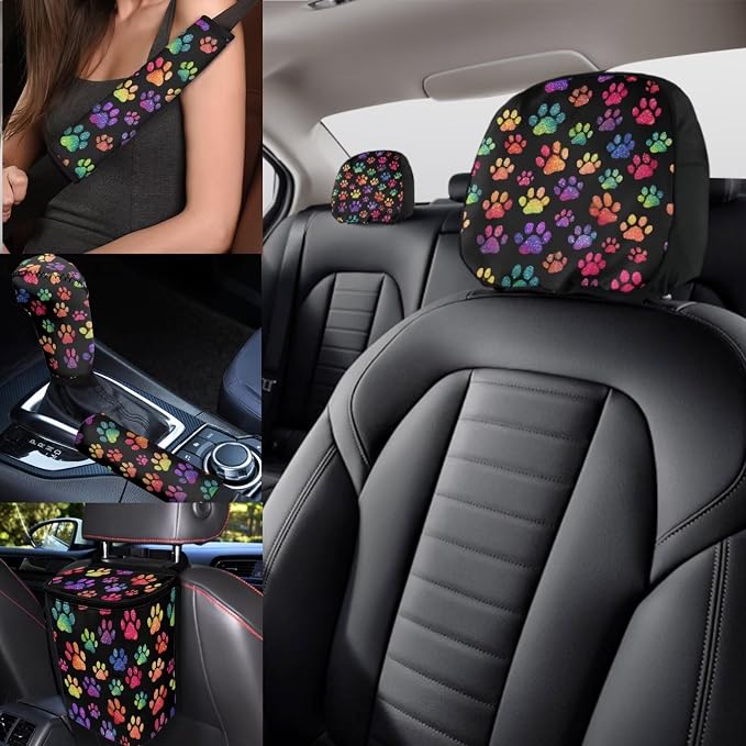 Colorful Dog Paw Print Car Seat Covers Full Sets with Front and Split Rear Bench,Dog Paw Print Car Accessories with Headrest Covers,Steering Wheel Covers Universal Fit, Car, Truck, SUV, Van