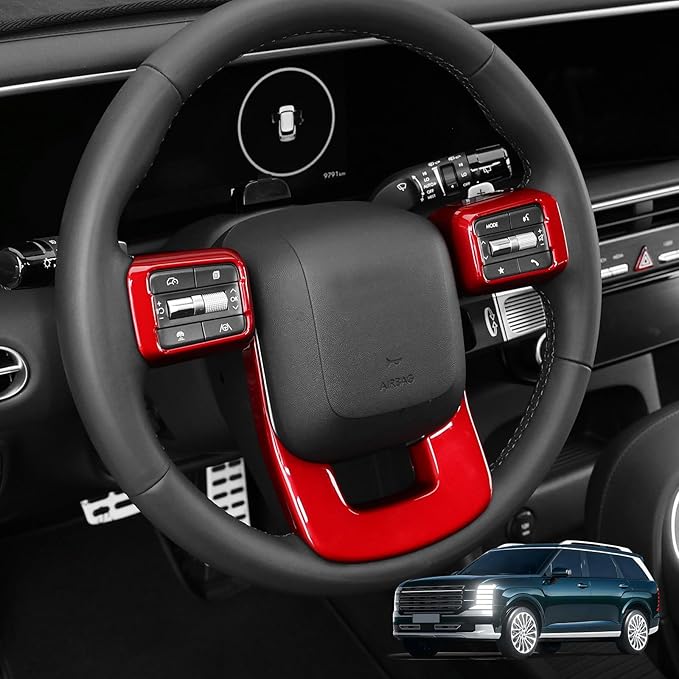 ABS Car Steering Wheel Frame Cover Steering Wheel Button Panel Protection Frame Molding Trim Compatible with Hyundai Santa FE 2024-2026 Accessories (Glossy Red Style)