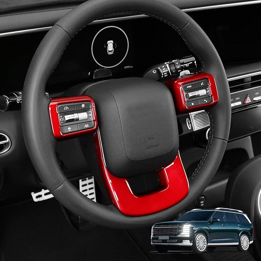 ABS Car Steering Wheel Frame Cover Steering Wheel Button Panel Protection Frame Molding Trim Compatible with Hyundai Santa FE 2024-2026 Accessories (Glossy Red Style)