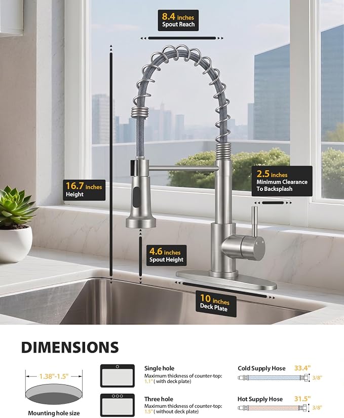 Hiqufet Kitchen Faucet with Pull Down Sprayer, High Arc Single Handle Kitchen Sink Faucet for Pot Filler, Single Hole Single Handle Stainless Steel Bar Sink Faucets