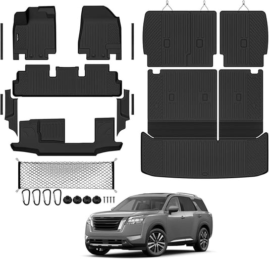 Tongama-Floor Mats for 2022-2026 Nissan Pathfinder 8 Seat with Bench Seats, All Weather TPE Trunk Mat with Backrest Mat & 2nd Row Backrest Mats & Cargo Net & Full Coverage Door Sill Guards Kit