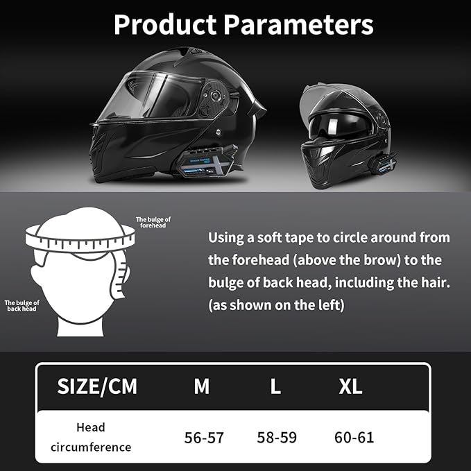 Bluetooth Modular Motorcycle Helmets with Tail Lights, DOT Approved Flip Up Full Face Motorcycle Dual Visor Helmet, with Dual Speakers and Microphone, for Adults Men and Women