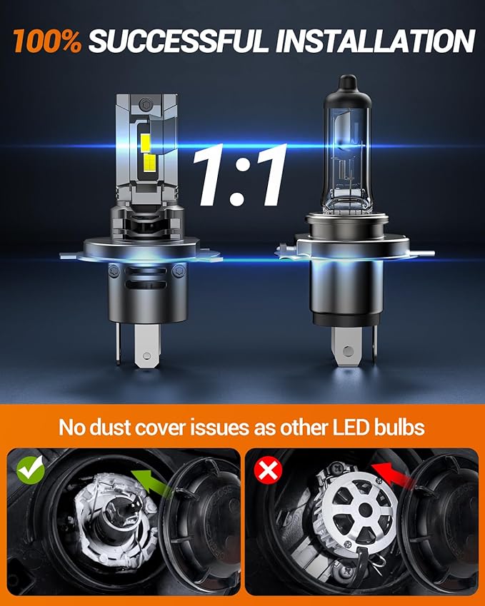Sealight H4 Fog Bulbs 50,000LM 6500K Cool White 52W High Power Error-Free, H4/9003 Lamps 1:1 Stock Size, 2 Pack