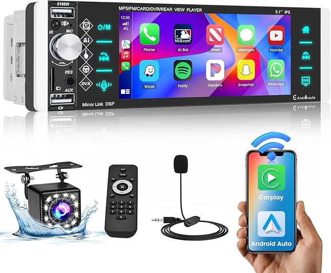 5.1 Inch Single Din Car Stereo Wireless Carplay Android Auto, Touch Screen Car Radio with Bluetooth AM FM RDS Radio Receiver Rear View Camera EQ Mirror Link