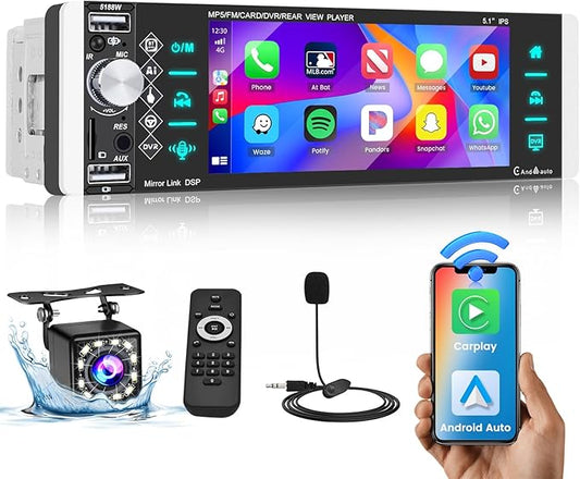 5.1 Inch Single Din Car Stereo Wireless Carplay Android Auto, Touch Screen Car Radio with Bluetooth AM FM RDS Radio Receiver Rear View Camera EQ Mirror Link