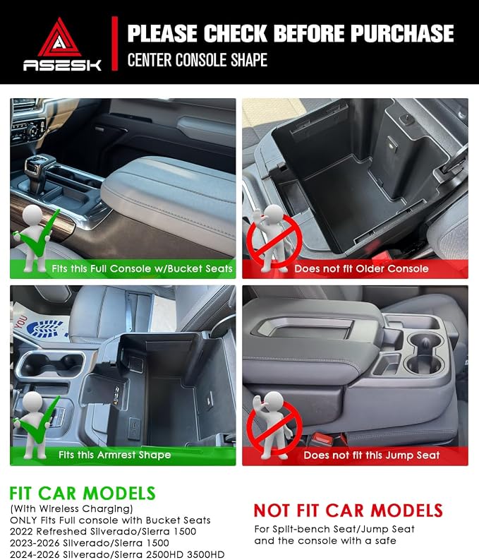 For 2022-2026 Chevy Silverado/GMC Sierra 1500&2024-2026 Silverado/Sierra 2500HD 3500HD - (Full Console w/Bucket Seats ONLY) Center Console Armrest Organizer ABS Materials