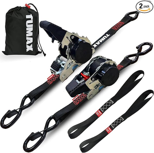 2-Pack Retractable Ratchet Tie Down Straps, 1" x 10ft with Soft Loops & S-Hooks, 1500lbs Break Strength Self-Retracting Cargo Straps for Truck, Trailer, Motorcycle, ATV, Kayak (Black)