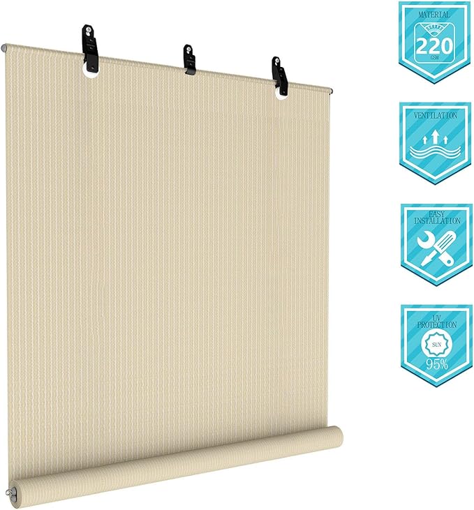 Coarbor Outdoor Roll up Shades Blinds for Porch Patio Shade Exterior Roller Window Shade Privacy Shade Screen for Deck Pergola Gazebo 6'W x 13'L Beige
