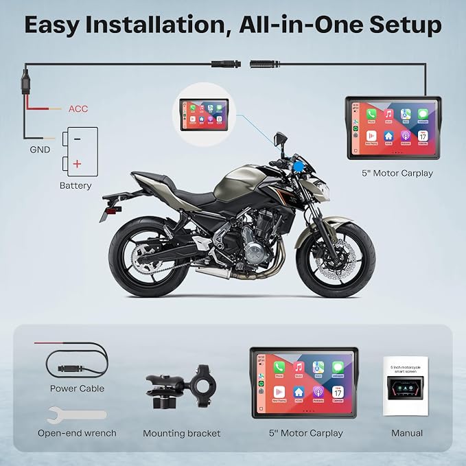 WonVon 5 Inch Motorcycle Carplay GPS Navigation System with Apple Carplay and Android Auto Portable Screen with Dual Bluetooth, Navigation, Siri, Google Assistant