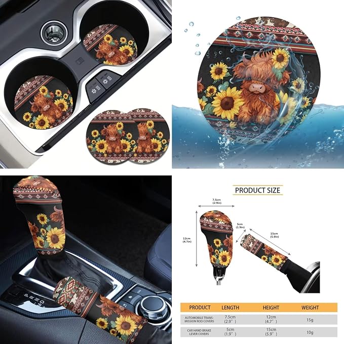 Tupalatus Boho Highland Cow 9 Pcs Car Seat Covers Front Set for Women Breathable Steering Wheel Cover Seat Belt Pads Cover Coasters Gear Shift Hoodie Handbrake Cover Car Accessories