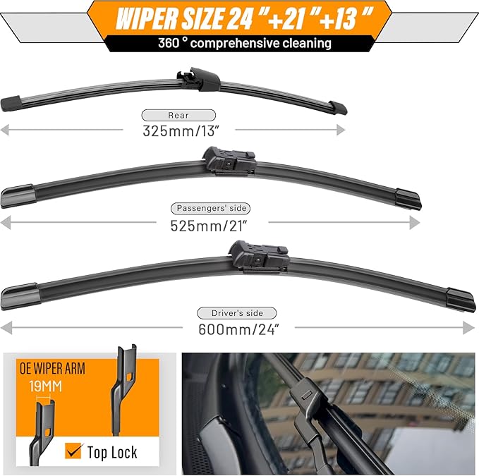 AUTOBOO 24"+21" Windshield Wipers with 13" Rear Wiper Blade Replacement for Volkswagen VW Tiguan 2017 2016 2015 2014 2013 2012 2011 2010 2009 2008 2007-Original Factory Quality (Pack of 3)