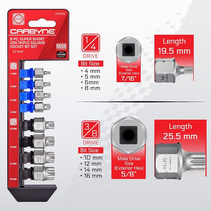 CARBYNE 8-Piece XZN Triple Square Stubby Low Profile Bit Socket Set, 4mm to 16mm, 12 Point Spline, S2 Steel, Dual Drive Internal Square and External Hex for Tight Confined Spaces
