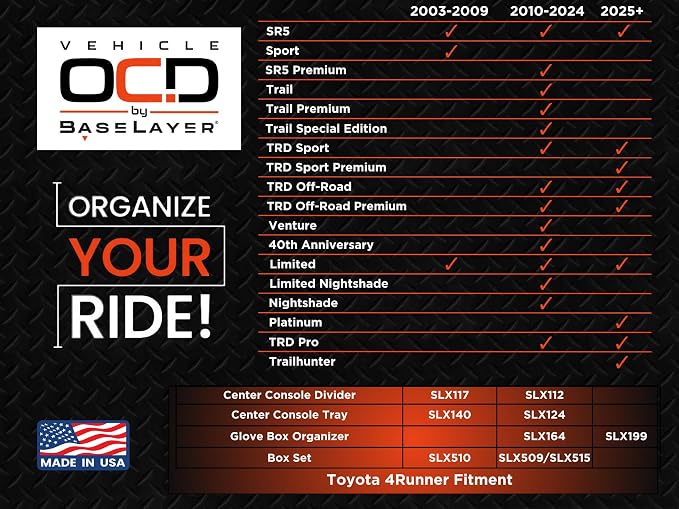Vehicle OCD - Center Console Divider and Tray Organizer for Toyota 4Runner (2003-2009) - Made in USA - SLX510