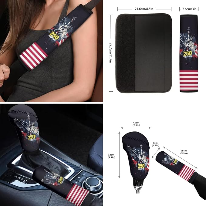 Wanyint Car Seat Cover Full Set 12 PCS, with Steering Wheel Seat Belt Cover Armrest Pad Coasters Handbrake Gear Shift Knob Set 4th of July US 250th Anniversary Auto Decor, Statue of Liberty Eagle