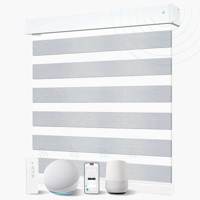 Motorized Zebra Blinds with remote, 90%Blackout Dual Layer Automatic Blinds, Rechargeable Horizontal Wireless Electric Shades for Windows Compatible with Alexa Google (Fine Lines Grey, 22" W x 72" H)