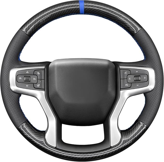 MEWANT Steering Wheel Cover for Chevy Silverado 1500 2019-2024/2500 3500 2020-2024/Blazer 2019-2024/Suburban Tahoe 2021-2024 Carbon Fiber Hand-Stitched Steering Wheel Wrap