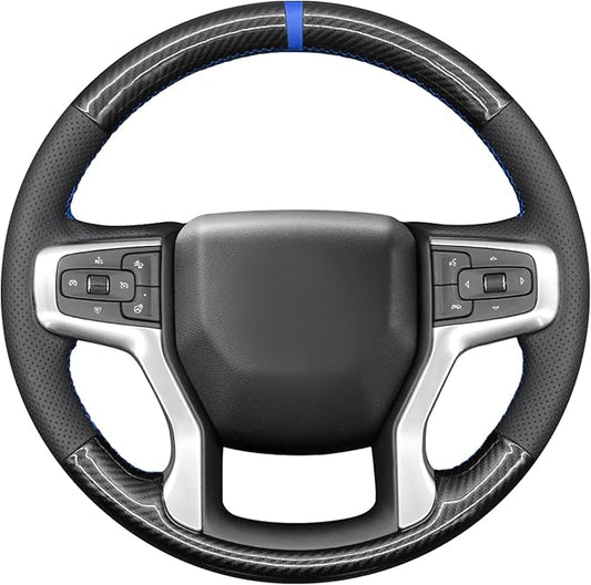 MEWANT Steering Wheel Cover for Chevy Silverado 1500 2019-2024/2500 3500 2020-2024/Blazer 2019-2024/Suburban Tahoe 2021-2024 Carbon Fiber Hand-Stitched Steering Wheel Wrap