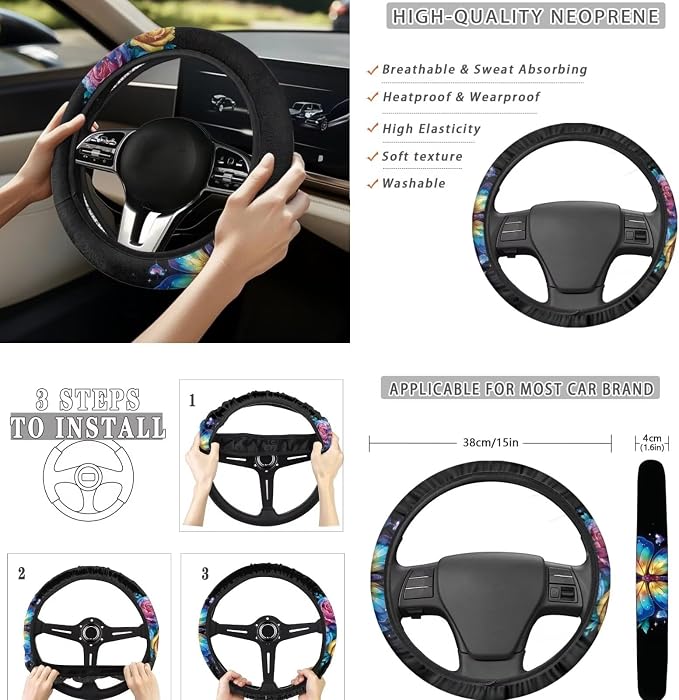 8 Pcs Dream Butterfly Car Seat Covers Full Set Car Accessories for Women Front Seat Cover Steering Wheel Armrest Cover Seat Belt Cover for Auto SUV Interior Decoration