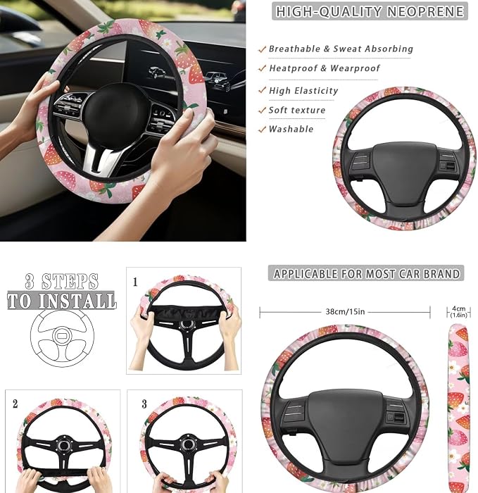 8 Pcs Strawberry Car Seat Covers Full Set Car Accessories for Women Front Seat Cover Steering Wheel Armrest Cover Seat Belt Cover for Auto SUV Interior Decoration