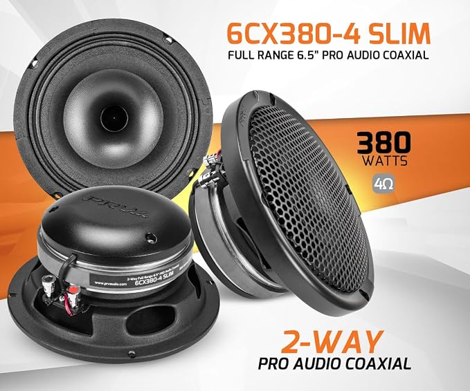 PRV AUDIO 6.5" Shallow Coaxial Car Audio Speaker 6CX380-4 Slim Loudspeaker with Built-in Tweeter Driver and Grill Included 380 Watts 4 Ohm (Single)