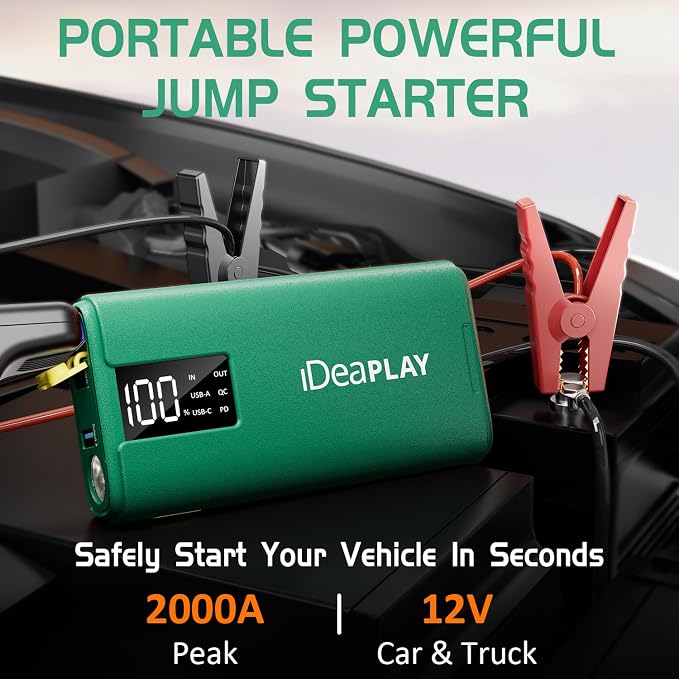 IDEAPLAY J10 Jump Starter, 2000A 12V Car Battery Jump Starter Portable for Up to 8.0L Gas and 7.0L Diesel Engine, Jump Box with Jumper Cables, Type C Fast Charging Battery Jumper with LED Flashlight