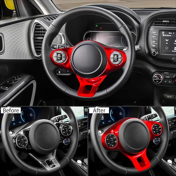Steering Wheel Button Panel Cover Interior Steering Handle Button Frame Protective Cover Compatible with Kia Soul 2020-2025 Accessories (Glossy Red Style)