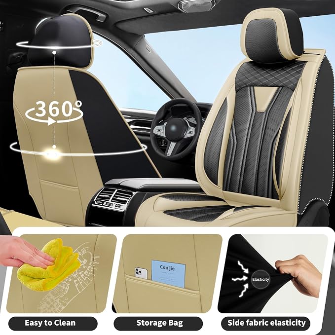 Fit Explorer Car Seat Covers Premium Leather for Ford Explorer 2004-2025 2026. Waterproof， Anti-Slip, Scratch-Resistant & All-Weather Seat Cushion Protector (Full Set, Beige&Black)
