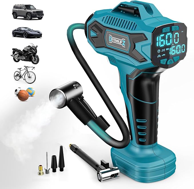 DIYtoolifz Cordless Tire Inflator Air Compressor Compatible with Makita 18V Battery, 160PSI Portable Air Pump with Digital Pressure Gauge, Fast Inflation for Cars, Motorcycles, Bikes (Tool Only)
