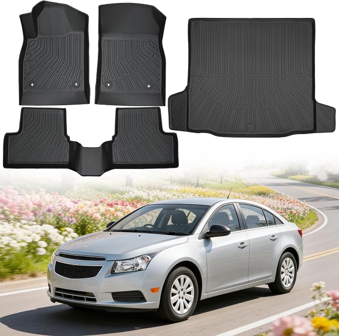 Floor Mats for Chevrolet Chevy Cruze 2011-2015 and for Chevy Cruze Limited 2016, Heavy Duty TPE All Weather Protection, Waterproof Non-Slip Black Car Liners (Two-Row Floor Mats & Cargo Liner)