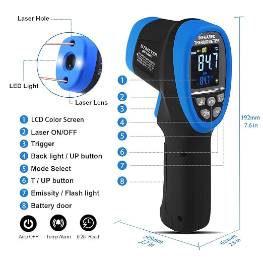 BTMETER Infrared Thermometer Laser Temperature Gun 30:1, -58°F to 2732°F | Non-contact Industrial IR Pyrometer for high-temp surface measure Cooking Meat Food, Adjustable Emissivity(Not for Human)