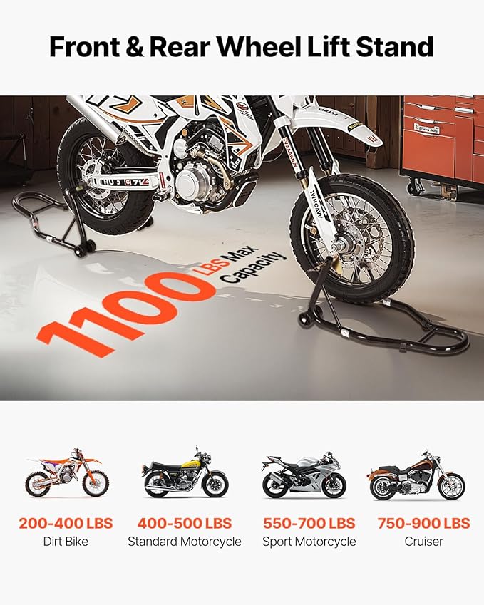 VEVOR Motorcycle Stand Lift, 1100lbs Capacity Front Rear Combo Stand Lift, Front Wheel Dual-Fork Stand, Rear U+L Fork Swingarm Spool Stand, for Most Yamaha Honda Kawasaki Suzuki Motorcycles, Black