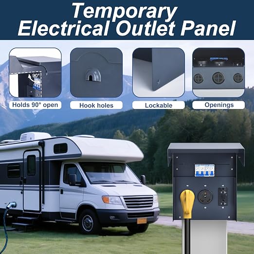 RV Electrical Panel with Breaker, Temporary Power RV Outlet Box, UL 50 30 20Amp Receptacles, Outdoor Weatherproof Metal Enclosure, Easy Setup for Campers, Travel Trailers, Mobile Homes (Blue)