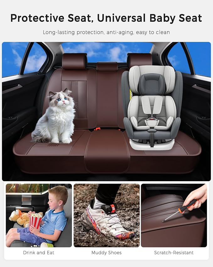 Huidasource Brown Back Seat Cover, Nappa Leather Rear Seat Cover with Ventilation Holes, Velcro Adjustable, Compatible with Seat belts, Child Safety Seats, Universal Fit for Most Cars SUV Truck, Brown