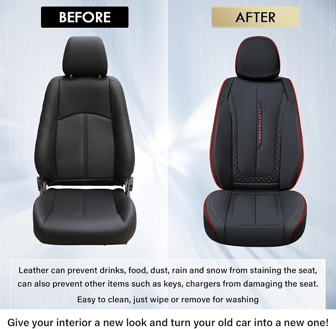 Coverado Car Seat Cover Front Seats, Red Seat Covers Front Seats, Nappa Leather Waterproof, Car Seat Cushion, Car Seat Protector Universal Fit Most Cars