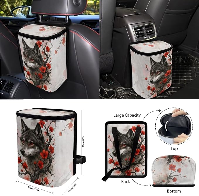 Wolf Plum Blossom Pattern Car Accessories Set of 15, Full Set Seats Covers Auto Streering Wheel Cover Trash Bin Seat Belt Covers Keychain Coasters Air Vent Storage Bag