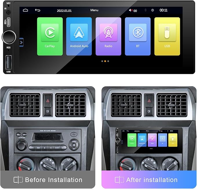 LEXXSON Single Din Car Stereo with Carplay Android Auto, 6.86 Inch IPS Touch Screen Single Din Radio with Mirror Link FM USB EQ GPS