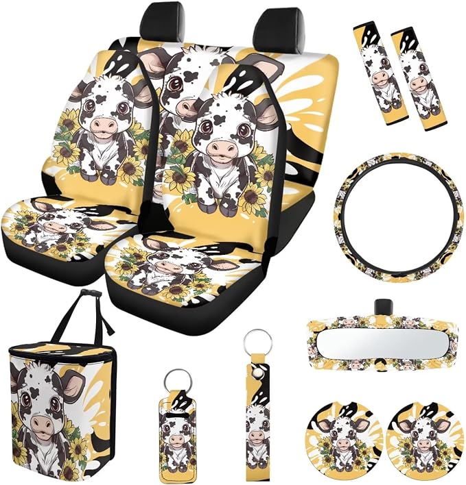 Suobstales Cow Sunflower Print 13 Pack Car Seat Covers Full Set with Steering Wheel Cover Seat Belt Pad Trash Can Rearview Mirror Cover Coaster Keychains Auto Accessories Universal Fit