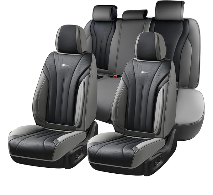 Coverado Front and Rear Seat Covers, Automotive Seat Cover Full Set, Waterproof Leather Seat Cover, Luxury Seat Cover for Cars, Universal Seat Cushion Car Seat Protector Fit for Most Cars(Gray&Black)