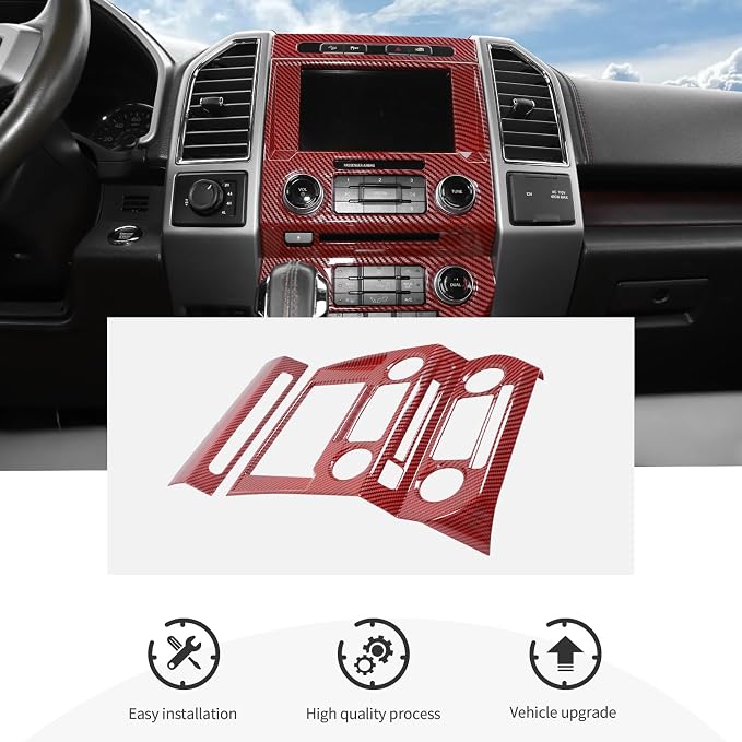 CheroCar Red Carbon Fiber Central Control Navigation & Emergency Light Control Panel Trim Cover Kit Fit for Ford F150 2015-2020 Hazard Light Switch & GPS Screen Surround Decorative Bezels