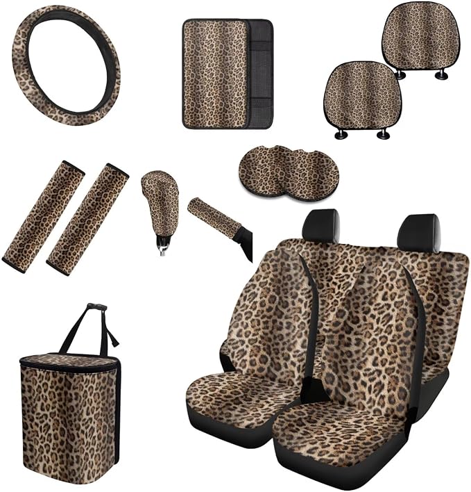 Brown Leopard Car Seat Covers Full Set 15 Pcs Universal Car Accessories Steering Wheel Cover Seat Belt Pads Garbage Bag Car Headrest Pillow Covers Armrest Pad