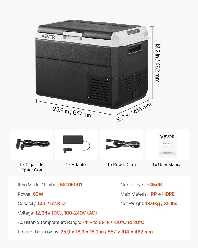 VEVOR 12 Volt Car Refrigerator, 52.8QT/50L Car Fridge, Portable Electric Cooler with -4℉~68℉ Adjustable Temperature, 12/24V DC and 100-240V AC Compressor Freezer for Outdoor, Camping, Travel, RV