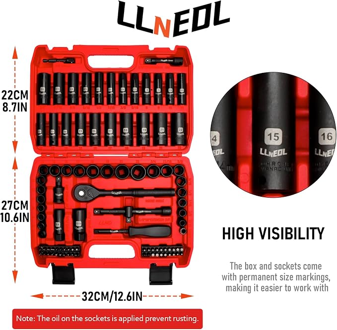 LLNEDL 3/8" Drive Impact Socket Set 95Pcs, Spark Plug Socket (5/8", 13/16"), 6 Point Metric & SAE from 5/16"- 3/4", 8-22mm, CR-V Deep & Shallow Kit with Quick Release Ratchet (72-Tooth) for Home & DIY