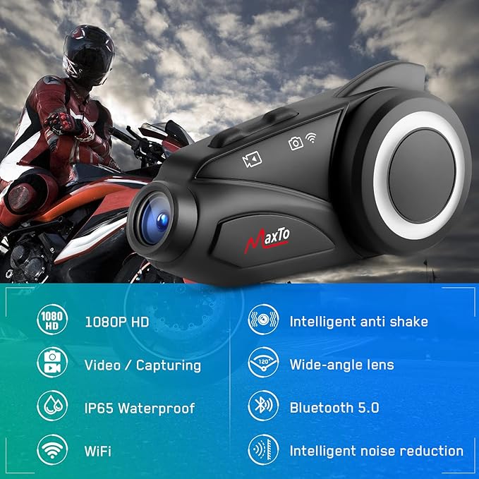 MAXTO Motorcycle Bluetooth Headset with Camera 1080P HD, M3 Upgraded 360°Adjustable Clip, 6 Riders 3280Ft Motorcycle Communication Systems Group Intercoms, WiFi Transit/FM funtion, IP65 Waterproof