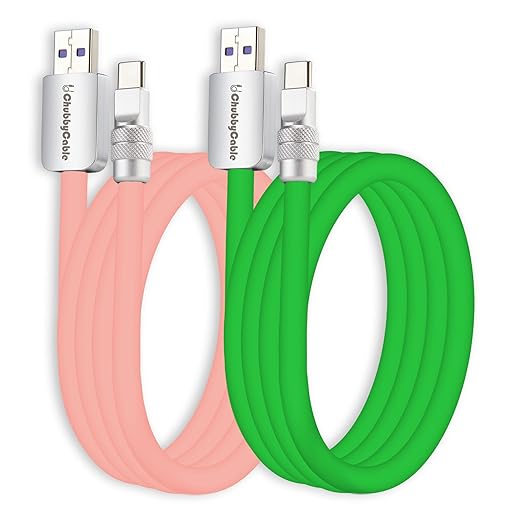 chubbycable Couple Chubby 2 Pack 120W USB C Cable Extra Thick Silicone Fast Charging Cable Compatible with iPhone 17-15 Series iPad Galaxy Series, Pink+Green, USB-A to Type-C, 8.2FT