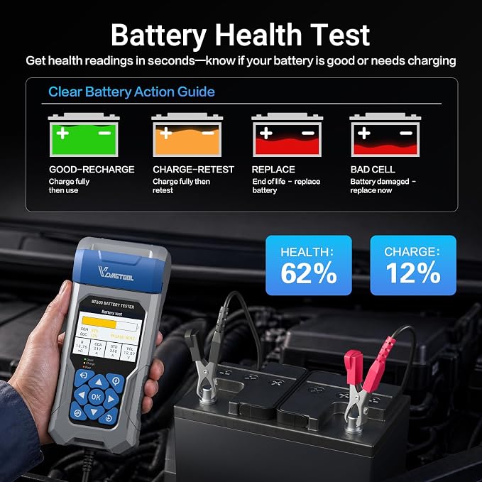 Car Battery Tester with Printer VDIAGTOOL BT600, 6V 12V 24V Automotive Load Tester for Lead-Acid & Lithium, Auto Alternator Starter Charging System Analyzer for Car Truck Motorcycle (3 Paper Rolls)