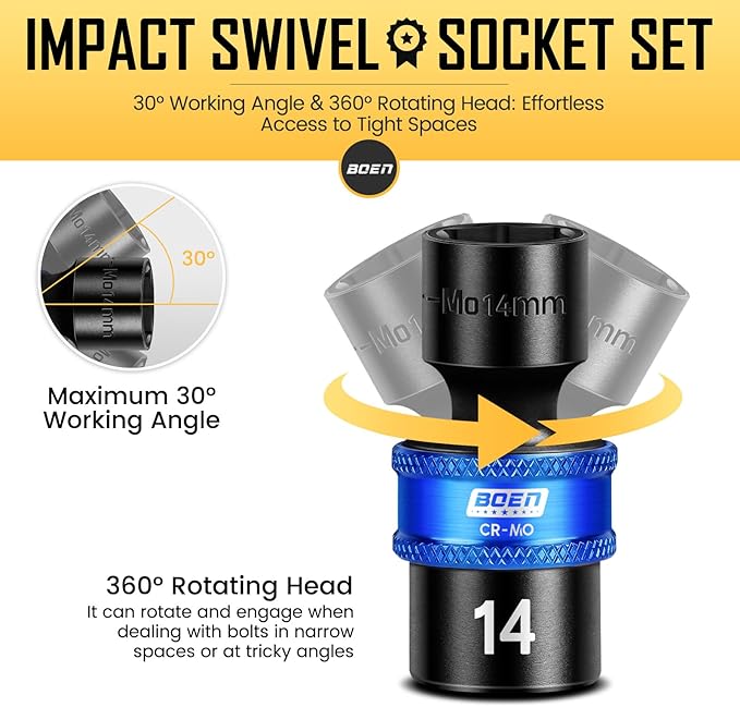 BOEN 14-Pieces 3/8 Inch Drive Impact Swivel Socket set, Metric (10-19mm) & SAE (3/8”- 3/4”) Universal Wobbly Sockets With Cr-Mo Steel, 6-Point Shallow Universal Joint Socket for Tight Spaces